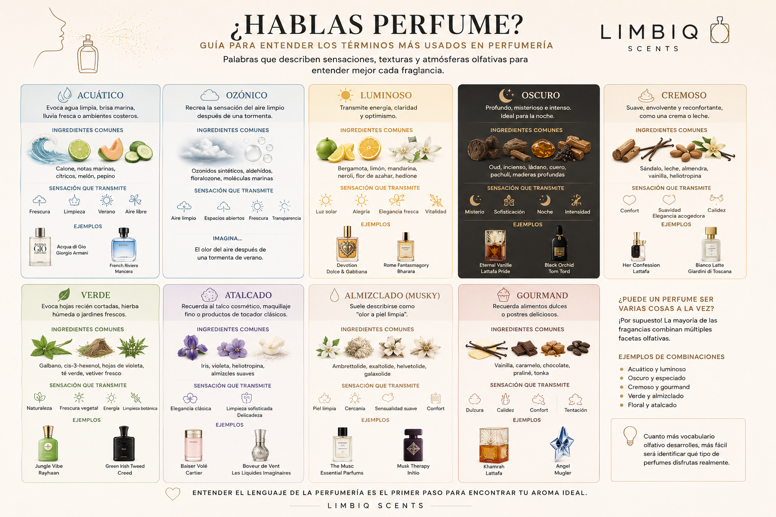 ¿Hablas perfume? Guía para entender términos como acuático, ozónico, luminoso, oscuro y más