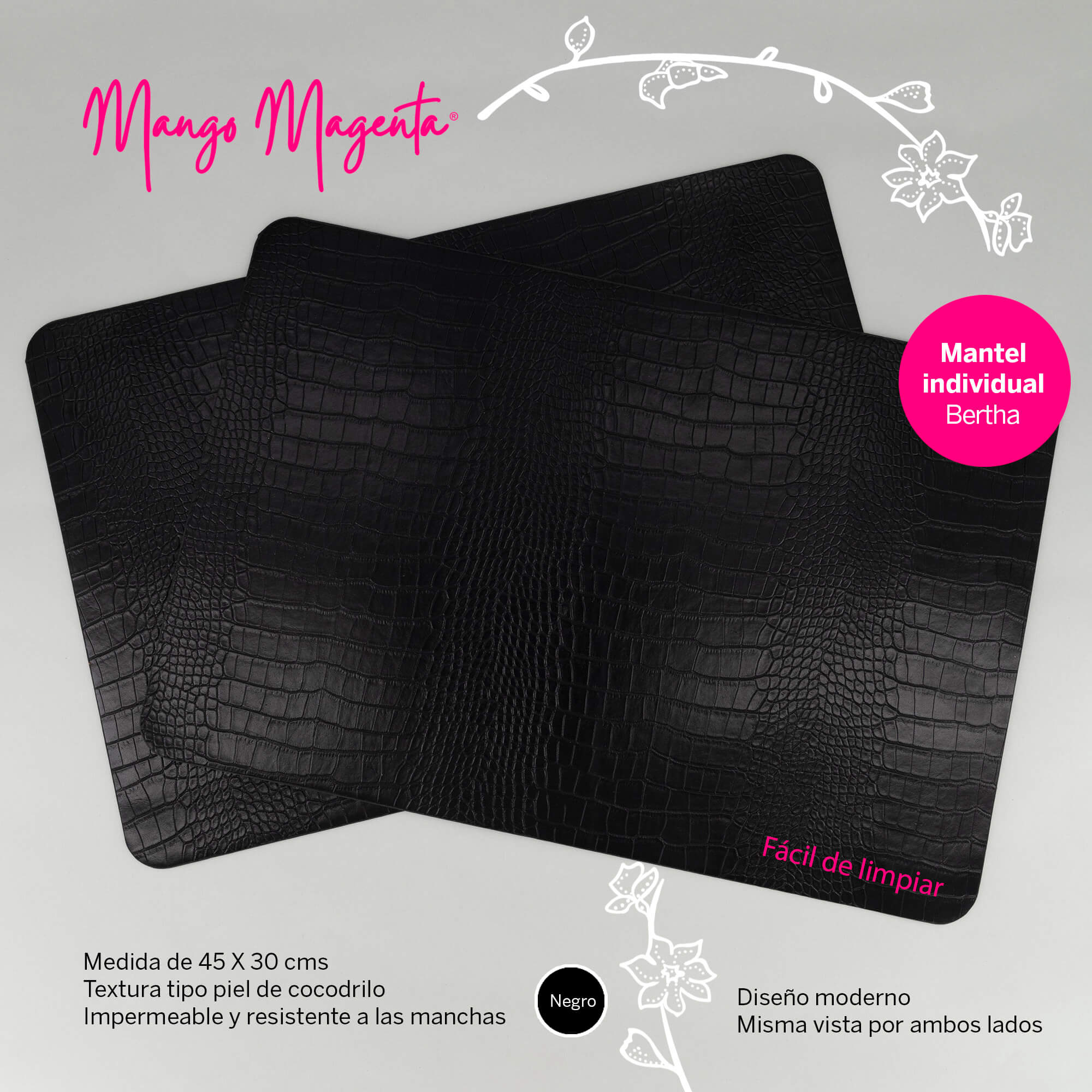 Mantel individual rectangular negro, piel sintética de cocodrilo modelo Bertha