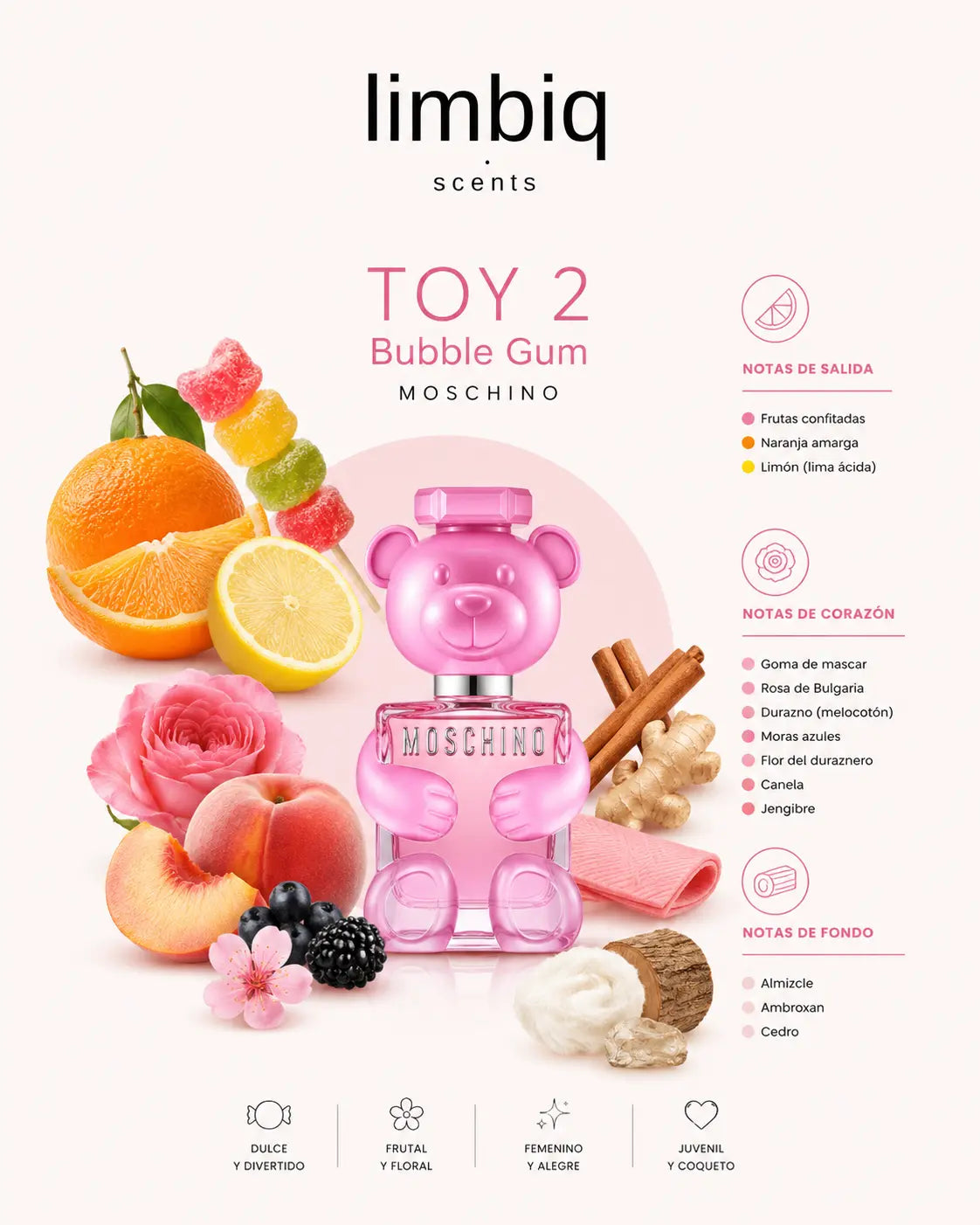 Notas olfativas de Toy 2 Bubble Gum Moschino: salida de frutas confitadas, naranja amarga y limón, corazón de goma de mascar, rosa búlgara, durazno, moras azules, flor de duraznero, canela y jengibre, fondo de almizcle, ambroxan y cedro