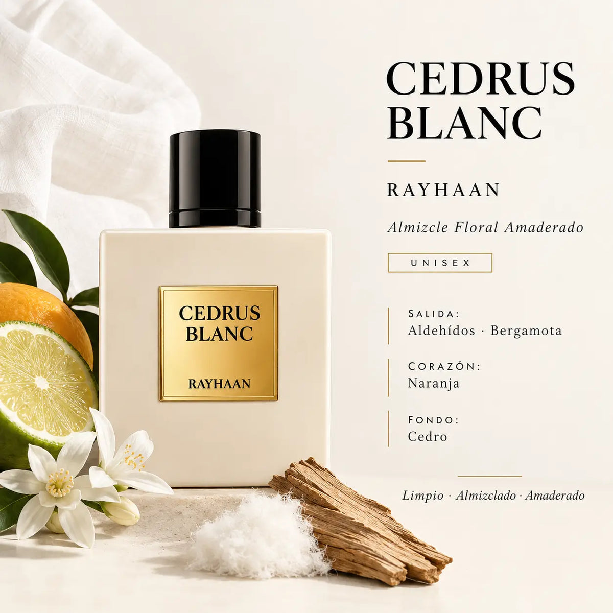 Notas olfativas de Cedrus Blanc Rayhaan: salida de aldehídos y bergamota, corazón de naranja, fondo de cedro
