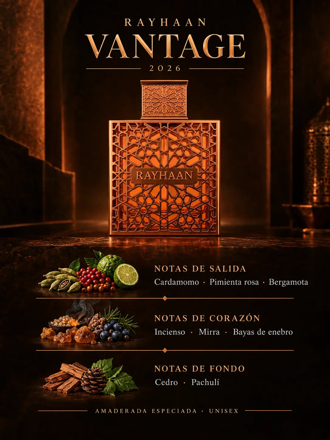 Notas olfativas de Vantage Rayhaan: salida de cardamomo, pimienta rosa y bergamota, corazón de incienso, mirra y bayas de enebro, fondo de cedro y pachulí