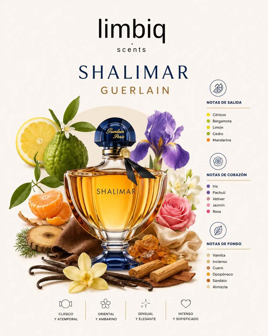 Notas olfativas de Shalimar Guerlain: salida de cítricos, bergamota, limón, cedro y mandarina, corazón de iris, pachulí, vetiver, jazmín y rosa, fondo de incienso, vainilla, cuero, opopónaco, algalia, sándalo, haba tonka y almizcle