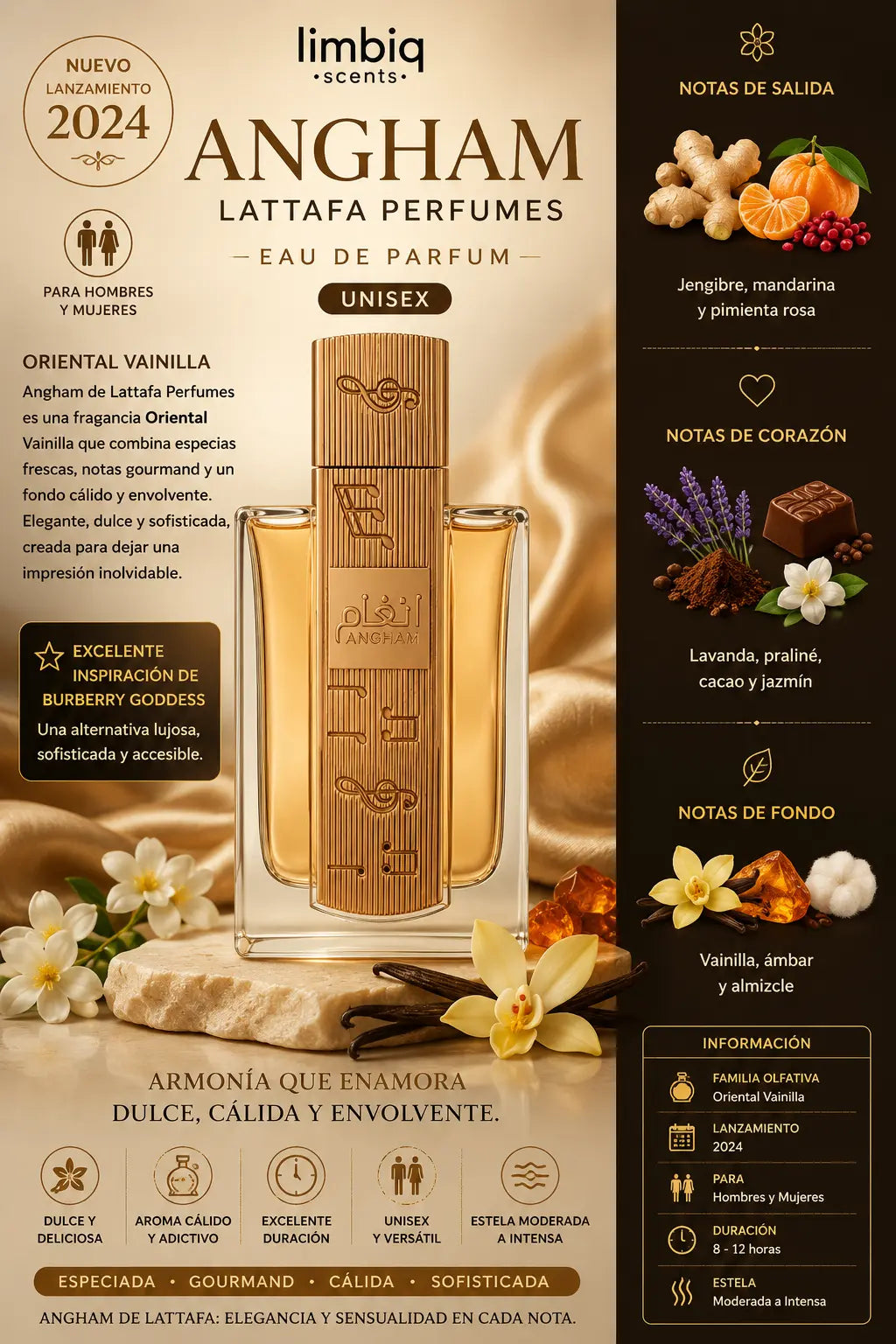 Notas olfativas de Angham Lattafa: salida de jengibre, mandarina y pimienta rosa, corazón de lavanda, praliné, cacao y jazmín, fondo de vainilla, ámbar y almizcle