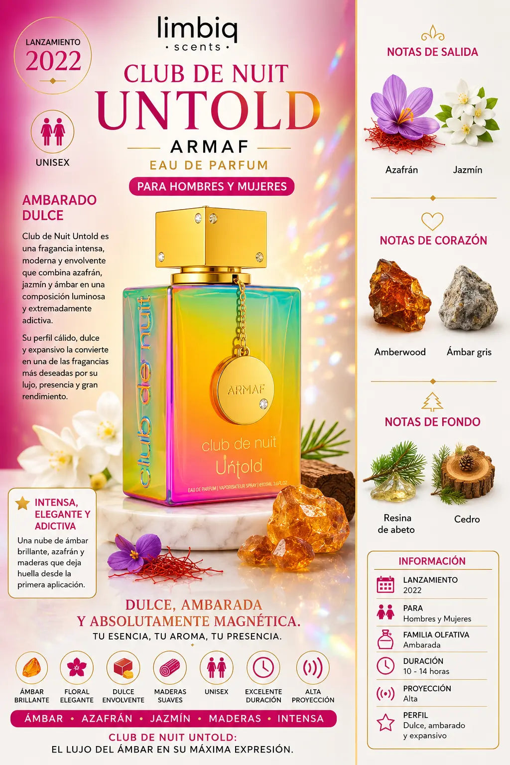 Notas olfativas de Club de Nuit Untold Armaf: salida de azafrán y jazmín, corazón de Amberwood y ámbar gris, fondo de resina de abeto y cedro