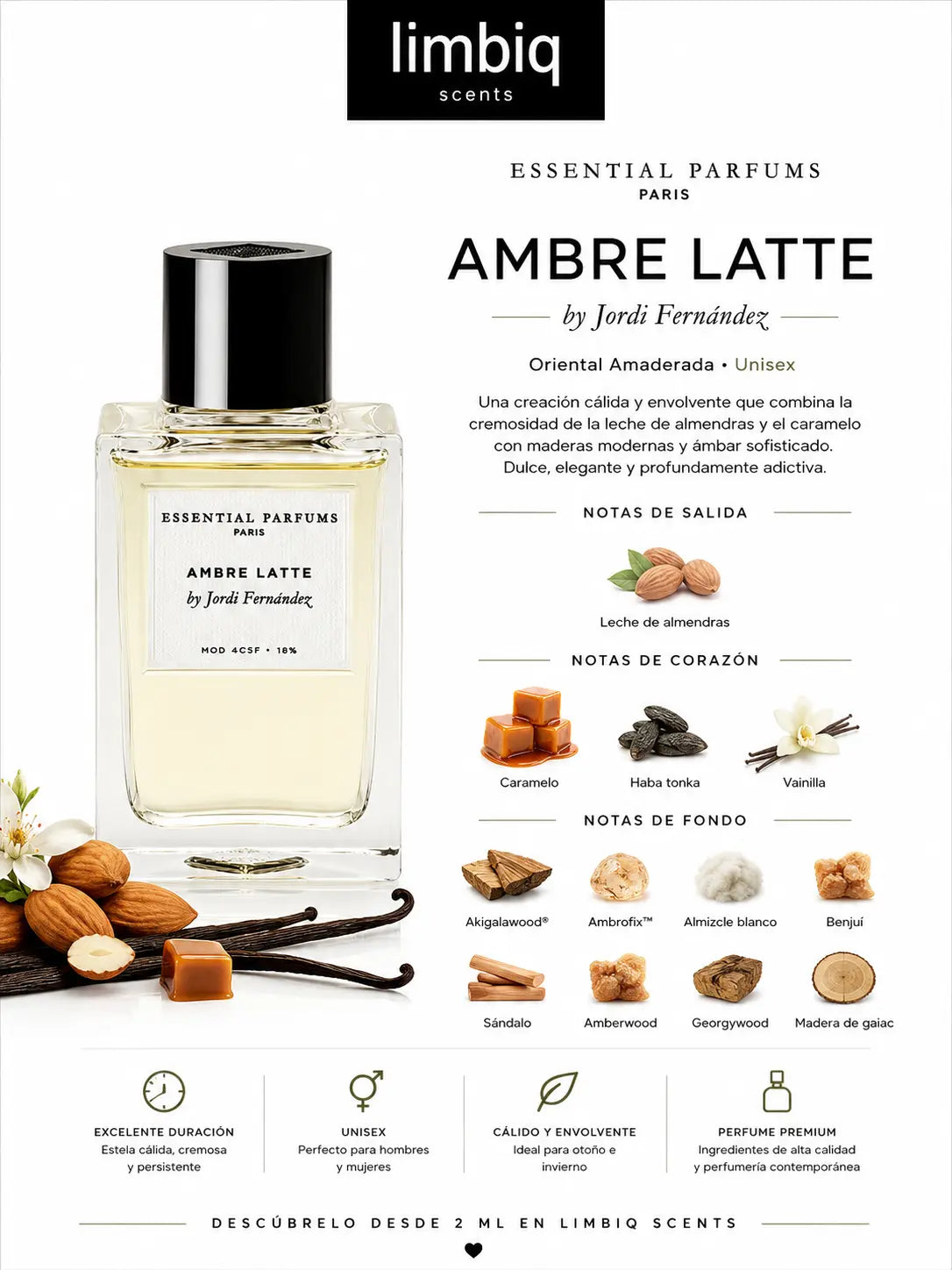 Notas olfativas de Ambré Latte Essential Parfums: salida de leche de almendras, corazón de caramelo, haba tonka y vainilla, fondo de Akigalawood, Ambrofix, almizcle blanco, benjuí, sándalo, Amberwood, Georgywood y madera de gaiac