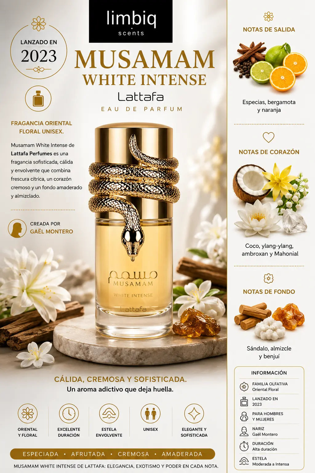 Notas olfativas de Musamam White Intense Lattafa: salida de especias, bergamota y naranja, corazón de coco, ylang-ylang, ambroxan y Mahonial, fondo de sándalo, almizcle y benjuí