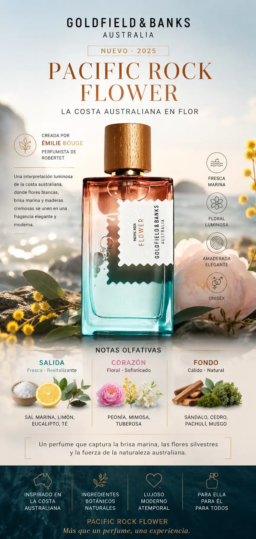 Notas olfativas de Pacific Rock Flower Goldfield & Banks: salida de sal marina, limón, eucalipto y té, corazón de peonía, mimosa y tuberosa, fondo de sándalo, cedro, pachulí y musgo