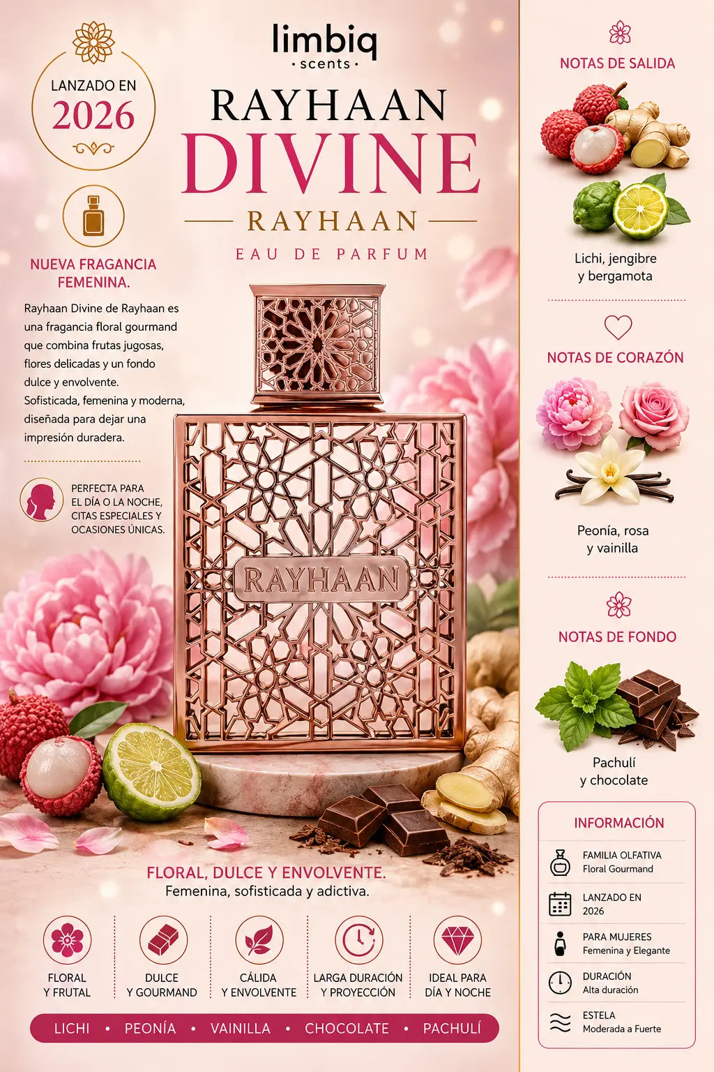 Notas olfativas de Rayhaan Divine: salida de lichi, jengibre y bergamota, corazón de peonía, rosa y vainilla, fondo de pachulí y chocolate