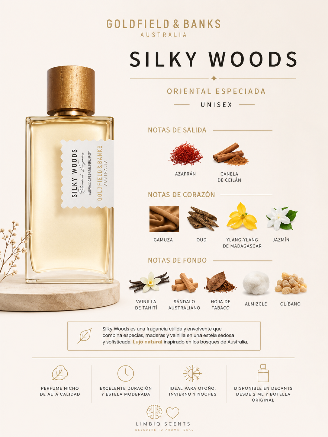 Notas olfativas de Silky Woods Goldfield & Banks: salida de azafrán y canela de Ceilán, corazón de gamuza, oud, ylang-ylang de Madagascar y jazmín, fondo de vainilla de Tahití, sándalo australiano, hoja de tabaco, almizcle y olíbano