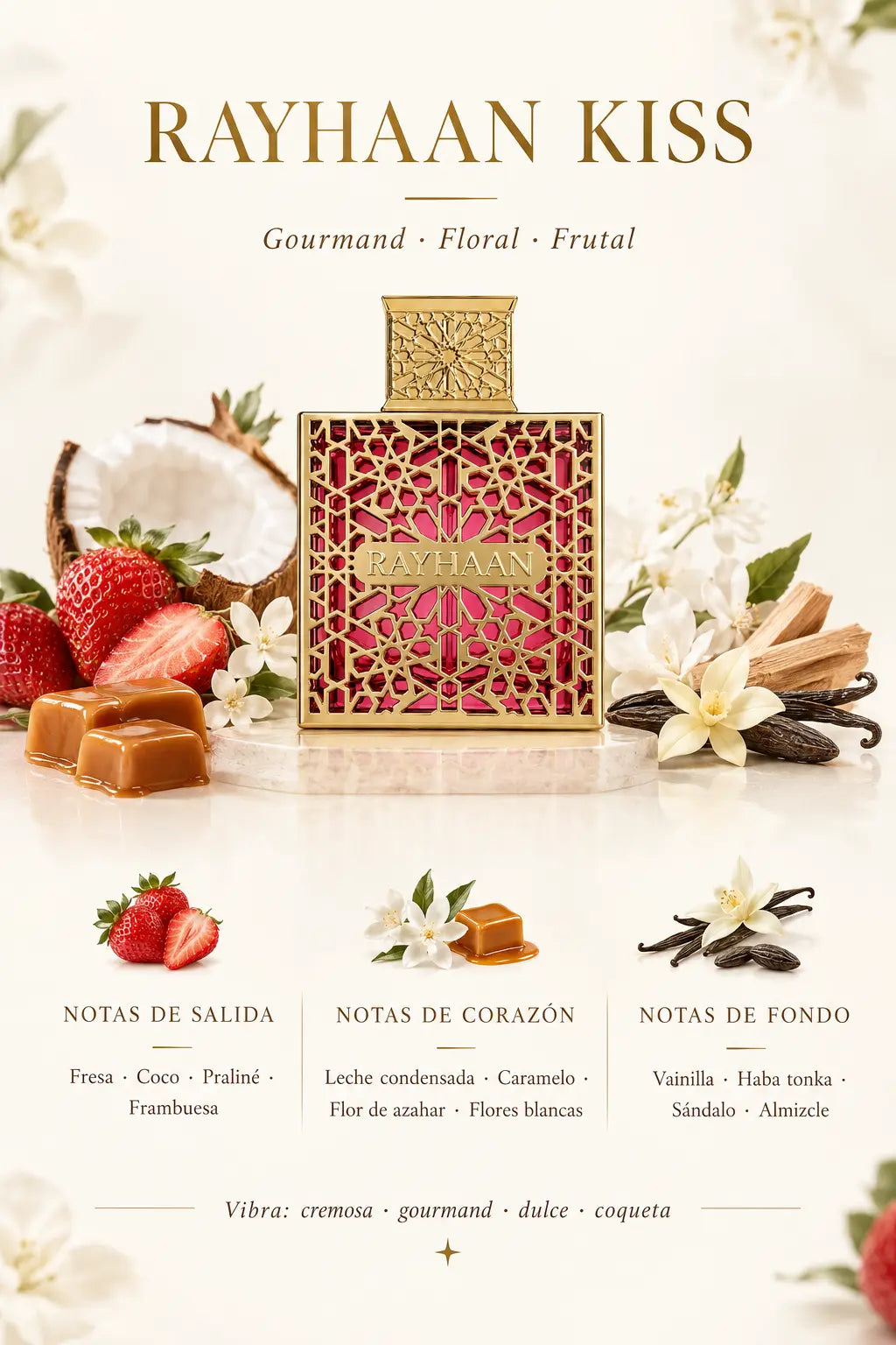 Notas olfativas de Rayhaan Kiss: salida de fresa, coco, praliné y frambuesa, corazón de leche condensada, caramelo, flor de azahar del naranjo y flores blancas, fondo de vainilla, haba tonka, almizcle y sándalo