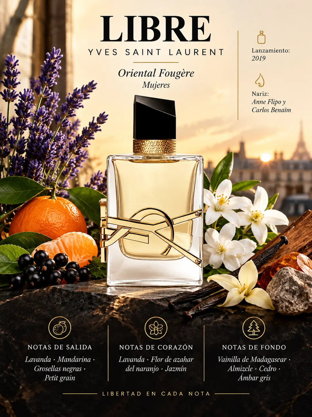 Notas olfativas de Libre Yves Saint Laurent: salida de lavanda, mandarina, grosellas negras y petit grain, corazón de lavanda, flor de azahar del naranjo y jazmín, fondo de vainilla de Madagascar, almizcle, cedro y ámbar gris