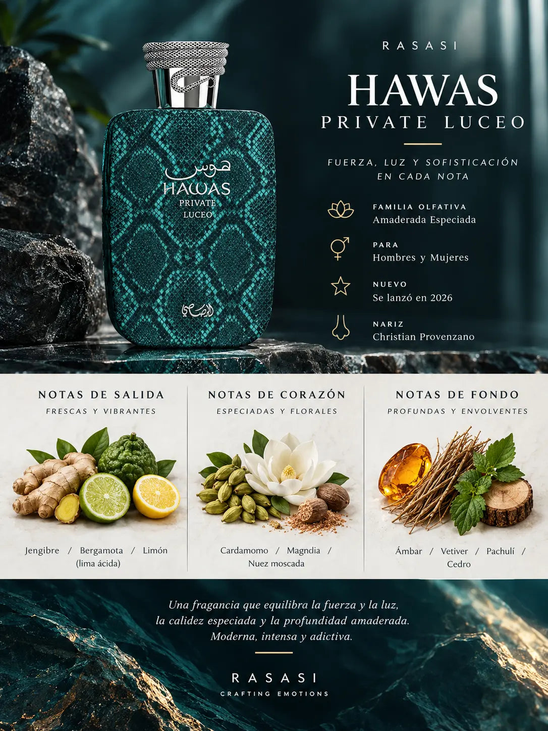 Notas olfativas de Hawas Private Luceo Rasasi: salida de jengibre, bergamota y limón, corazón de cardamomo, magnolia y nuez moscada, fondo de ámbar, vetiver, pachulí y cedro