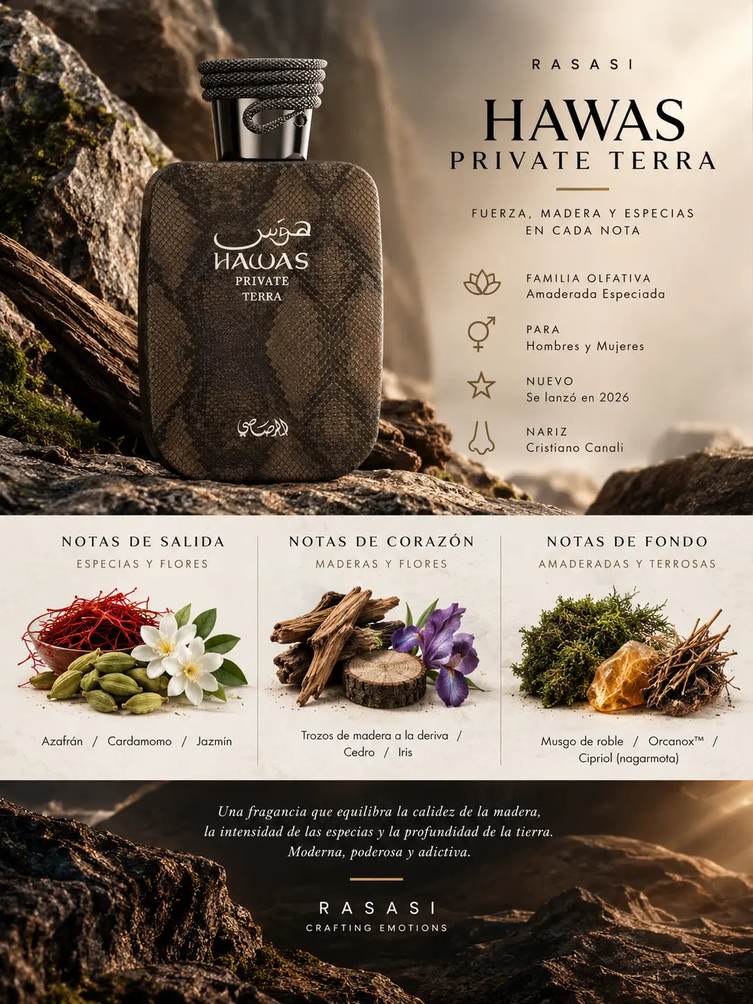 Notas olfativas de Hawas Private Terra Rasasi: salida de azafrán, cardamomo y jazmín, corazón de trozos de madera a la deriva, cedro e iris, fondo de musgo de roble, Orcanox y cipriol