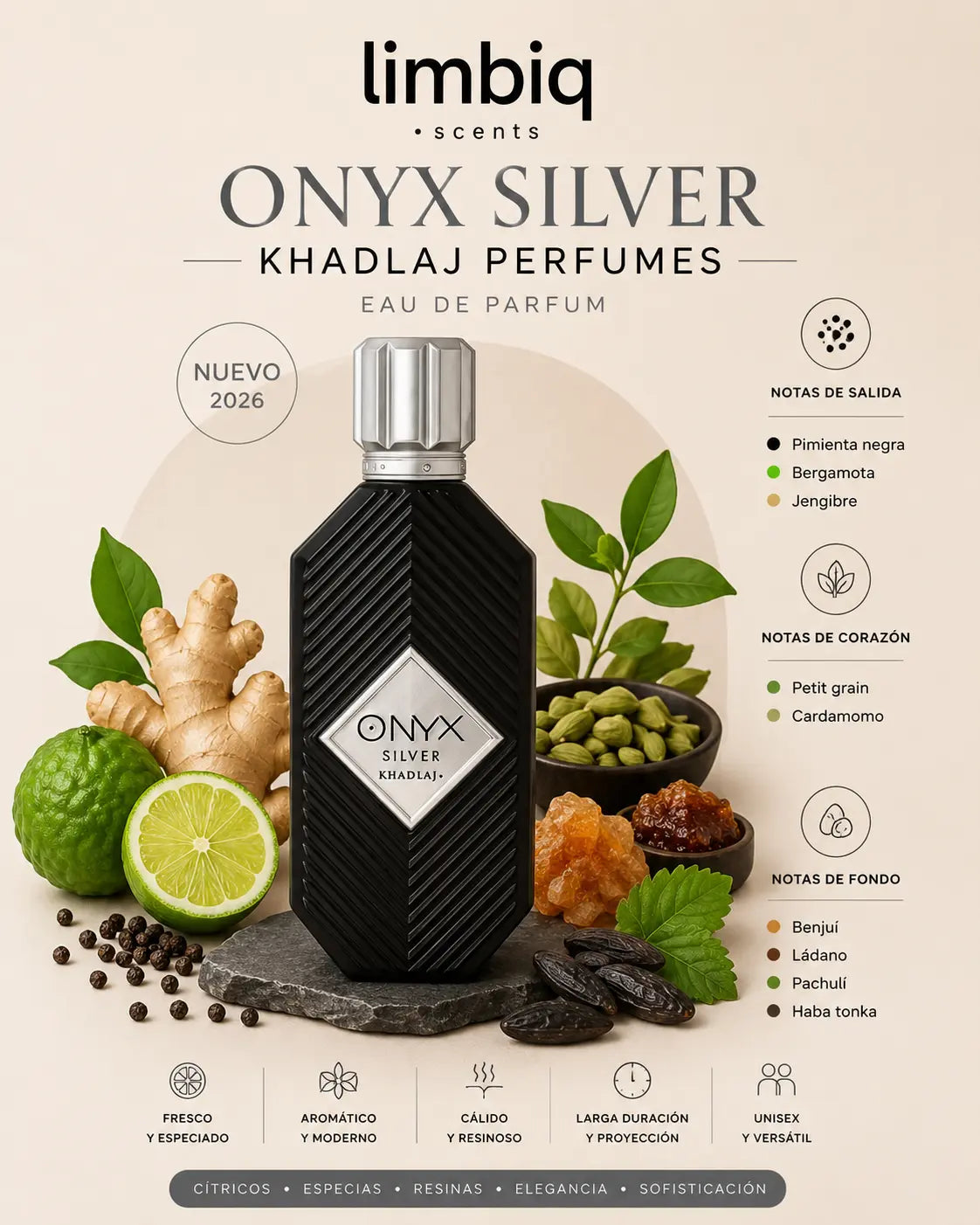 Notas olfativas de Onyx Silver Khadlaj: salida de pimienta negra, bergamota y jengibre, corazón de petit grain y cardamomo, fondo de benjuí, ládano, pachulí y haba tonka