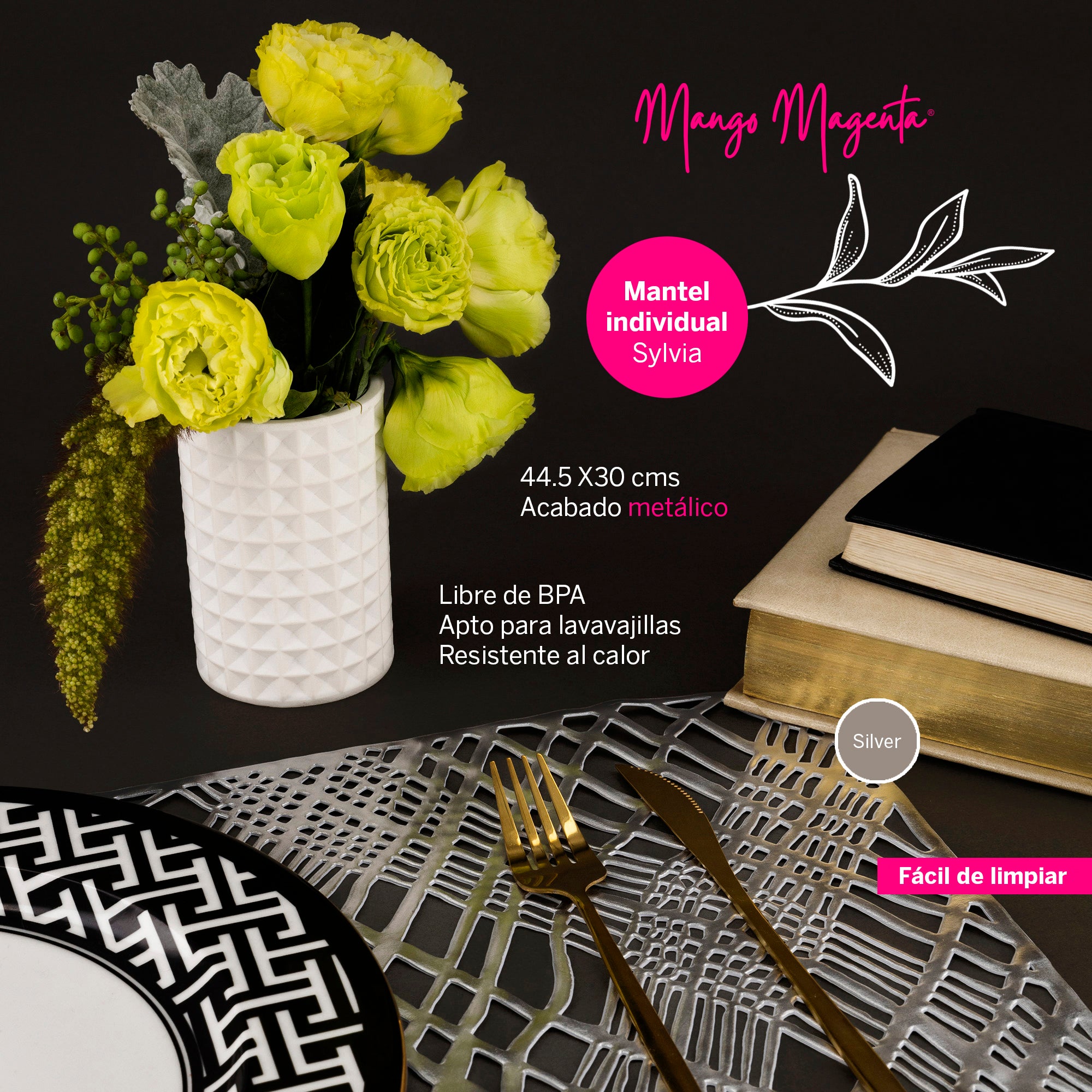 Mantel individual rectangular plateado modelo Sylvia
