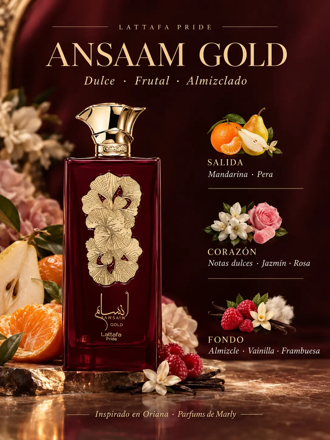 Notas olfativas de Ansaam Gold Lattafa: salida de mandarina y pera, corazón de notas dulces, jazmín y rosa, fondo de almizcle, vainilla y frambuesa