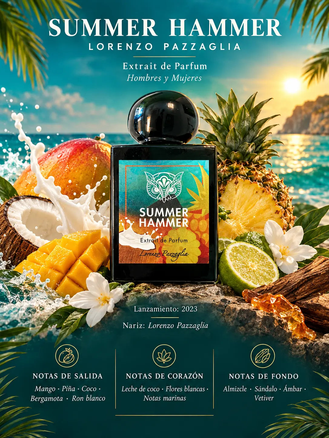 Notas olfativas de Summer Hammer Lorenzo Pazzaglia: salida de mango, piña, coco, bergamota y ron blanco, corazón de leche de coco, flores blancas y notas marinas, fondo de almizcle, sándalo, ámbar y vetiver