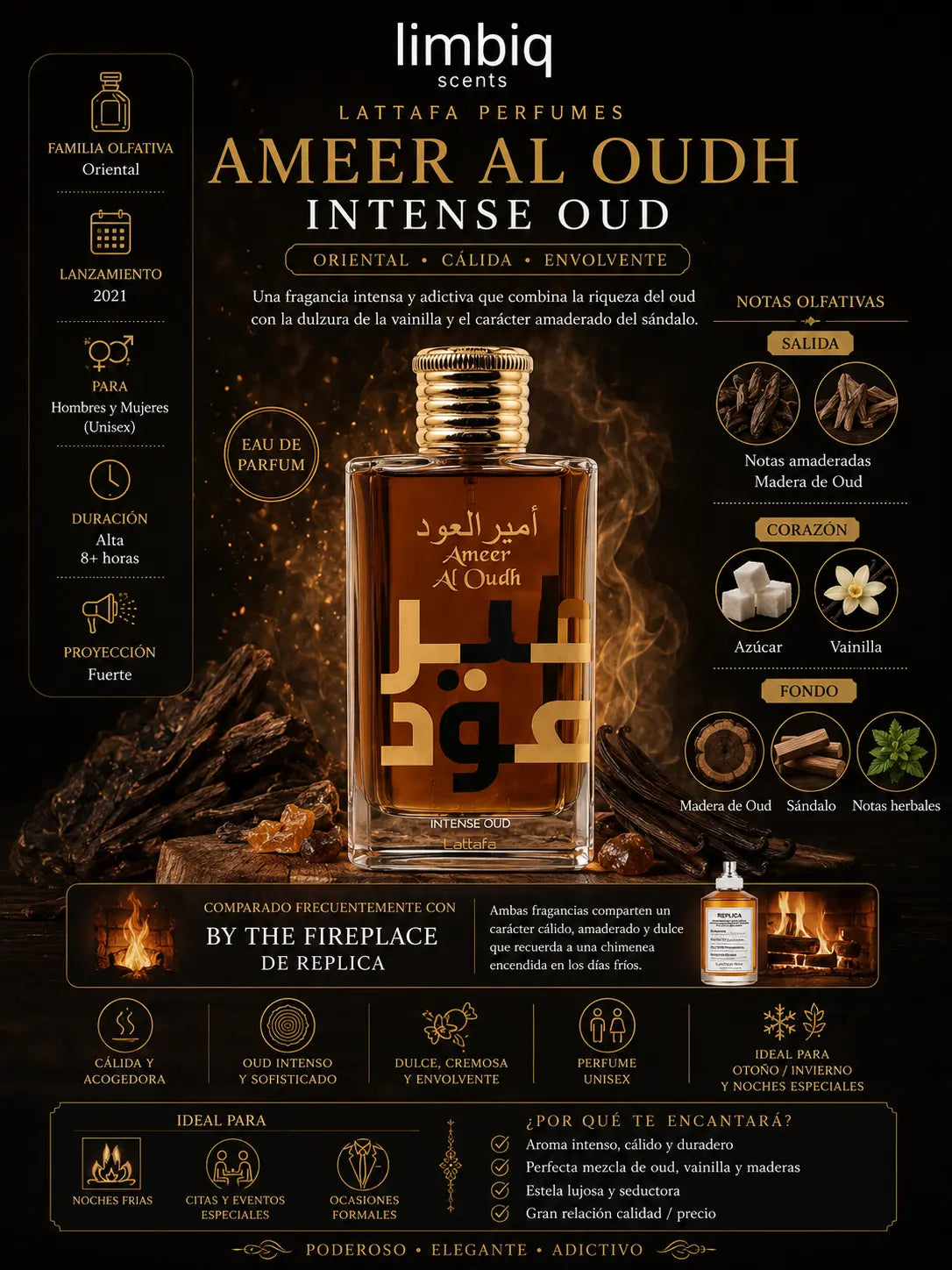 Notas olfativas de Ameer Al Oudh Intense Lattafa: salida de notas amaderadas y madera de oud, corazón de azúcar y vainilla, fondo de madera de oud, sándalo y notas herbales