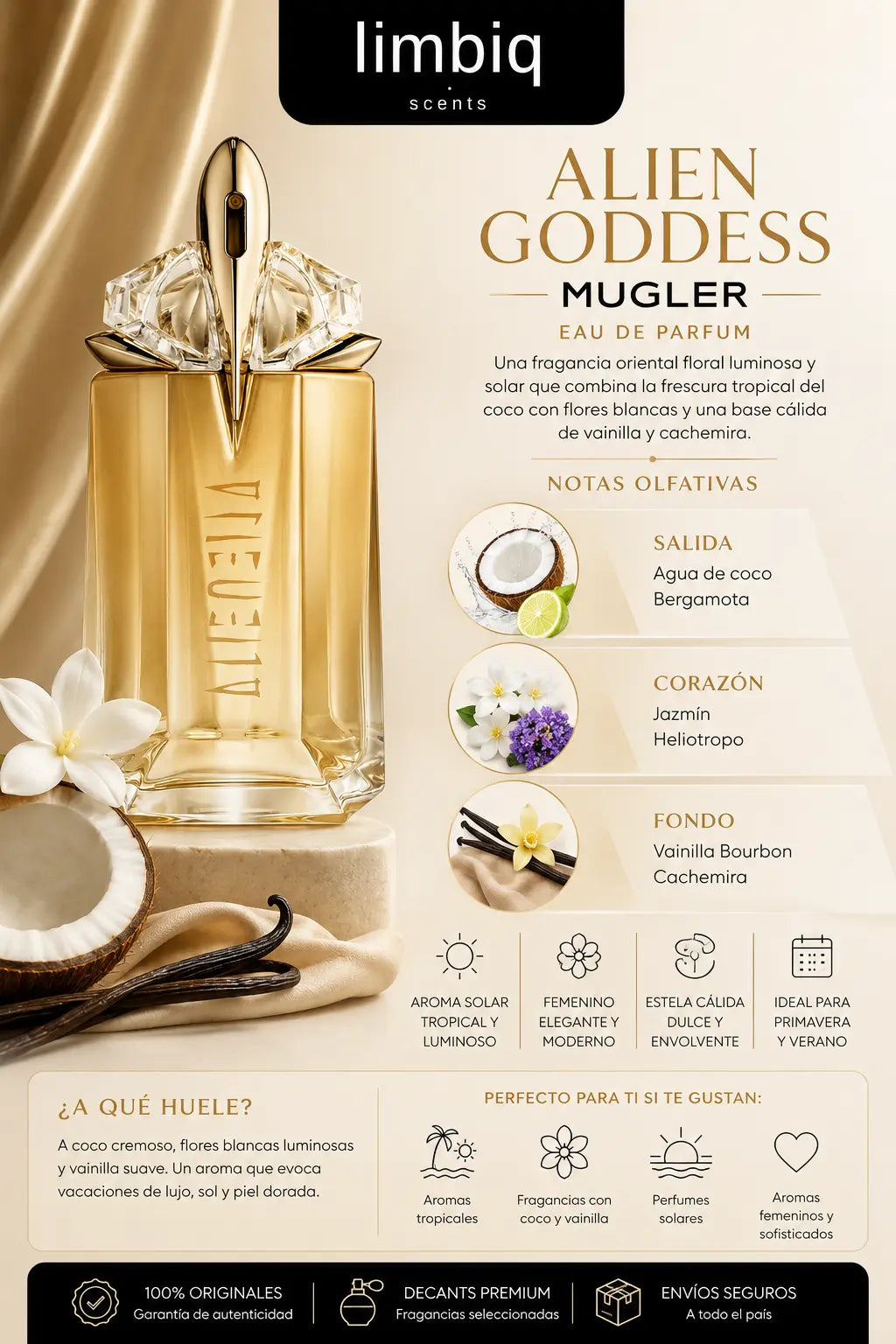 Notas olfativas de Alien Goddess Mugler: salida de agua de coco y bergamota, corazón de jazmín y heliotropo, fondo de vainilla Bourbon y cachemira