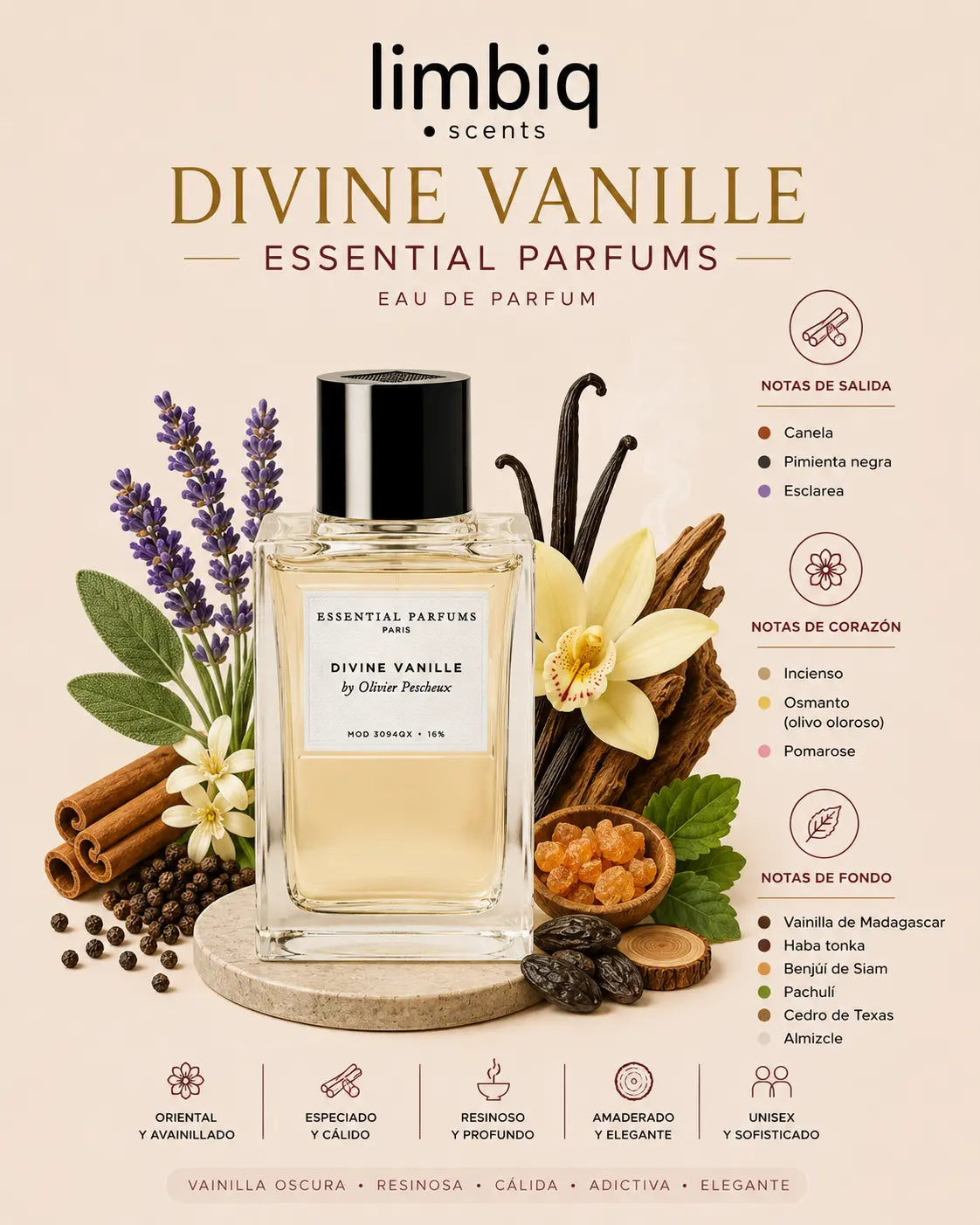 Notas olfativas de Divine Vanille Essential Parfums: salida de canela, pimienta negra y esclarea, corazón de incienso, osmanto y Pomarose, fondo de vainilla de Madagascar, haba tonka, benjuí de Siam, pachulí, cedro de Texas y almizcle
