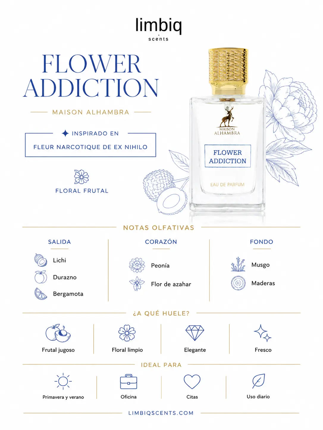 Notas olfativas de Flower Addiction Maison Alhambra: salida de lichi, durazno y bergamota, corazón de peonía y flor de azahar, fondo de musgo y maderas