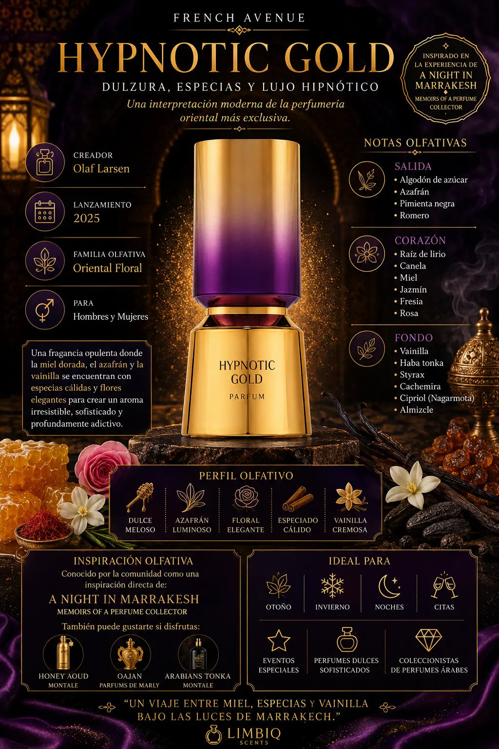 Notas olfativas de Hypnotic Gold French Avenue: salida de algodón de azúcar, azafrán, pimienta negra y romero, corazón de raíz de lirio, canela, miel, jazmín, fresia y rosa, fondo de vainilla, haba tonka, styrax, cachemira, cipriol y almizcle