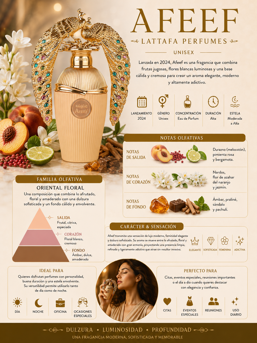 Notas olfativas de Afeef Lattafa: salida de durazno, pimienta rosa y bergamota, corazón de nardos, flor de azahar del naranjo y jazmín, fondo de sándalo, praliné, ámbar y pachulí