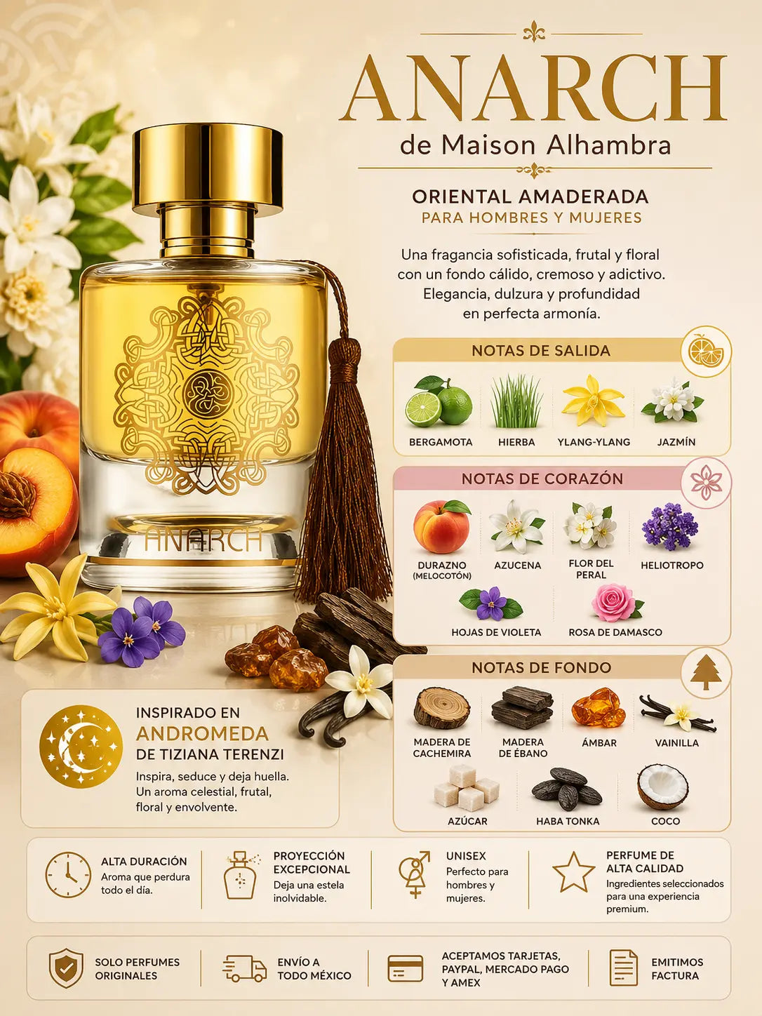 Notas olfativas de Anarch Maison Alhambra: salida de bergamota, hierba, ylang-ylang y jazmín, corazón de durazno, azucena, flor del peral, heliotropo, hojas de violeta y rosa de Damasco, fondo de madera de cachemira, madera de ébano, ámbar, vainilla, azúcar, haba tonka y coco