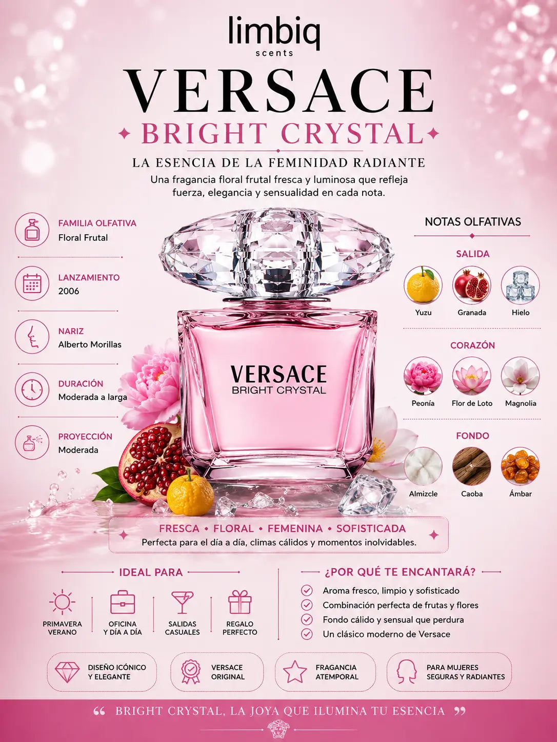 Notas olfativas de Bright Crystal Versace: salida de yuzu, granada y hielo, corazón de peonía, flor de loto y magnolia, fondo de almizcle, caoba y ámbar