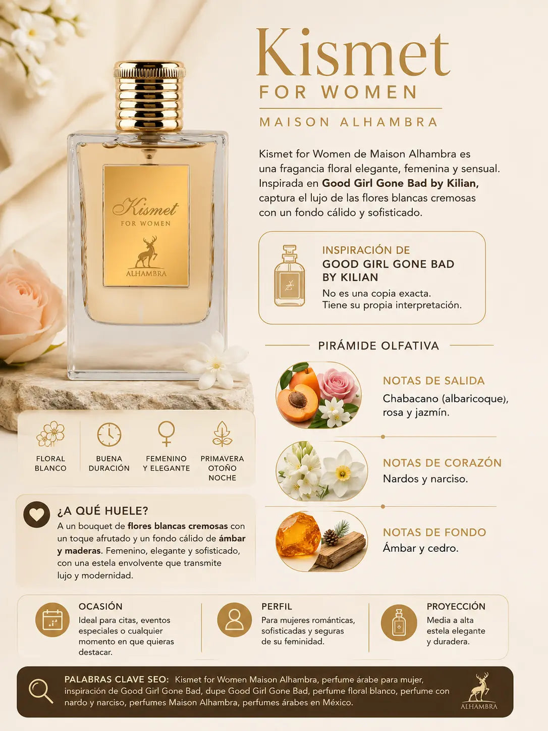 Notas olfativas de Kismet Maison Alhambra: salida de chabacano, rosa y jazmín, corazón de nardos y narciso, fondo de ámbar y cedro