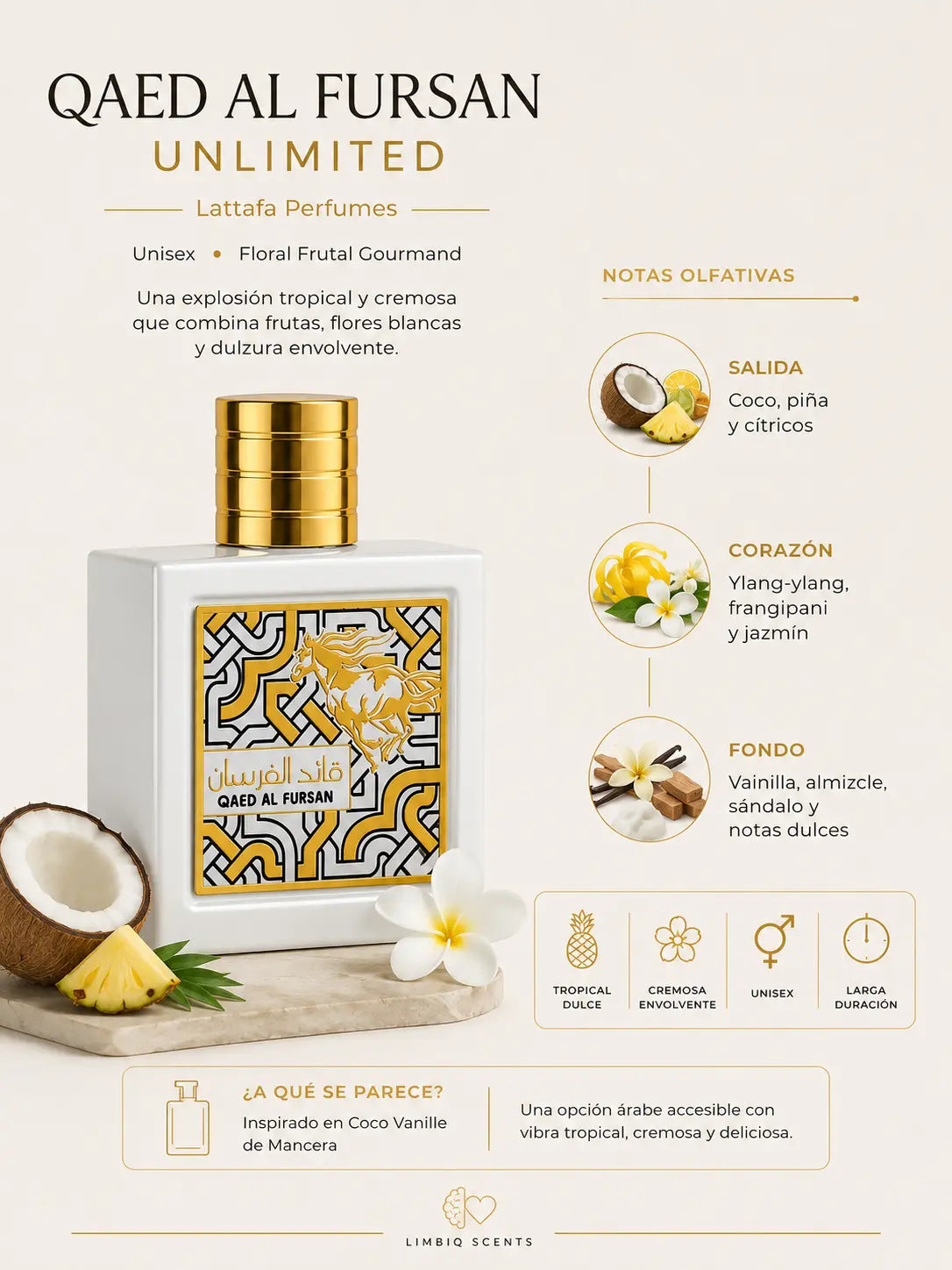 Notas olfativas de Qaed Al Fursan Unlimited Lattafa: salida de coco, piña y cítricos, corazón de ylang-ylang, frangipani y jazmín, fondo de vainilla, almizcle, sándalo y notas dulces