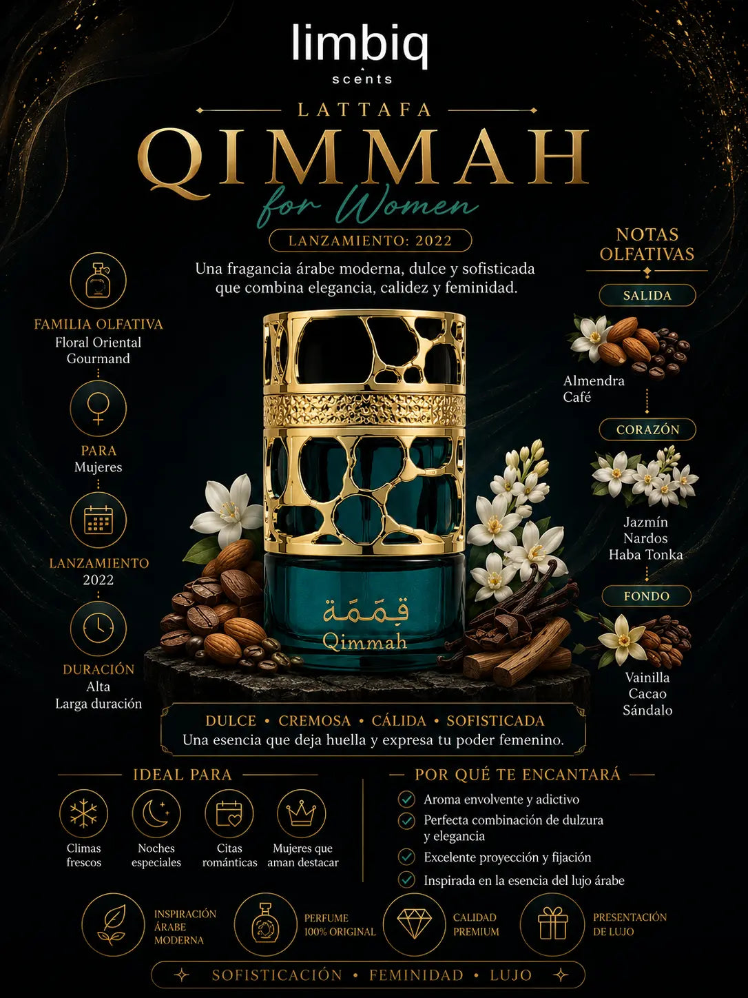 Notas olfativas de Qimmah for Women Lattafa: salida de almendra y café, corazón de jazmín, nardos y haba tonka, fondo de vainilla, cacao y sándalo