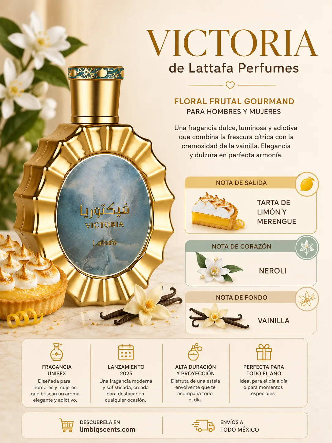 Notas olfativas de Victoria Lattafa: salida de tarta de limón y merengue, corazón de neroli, fondo de vainilla