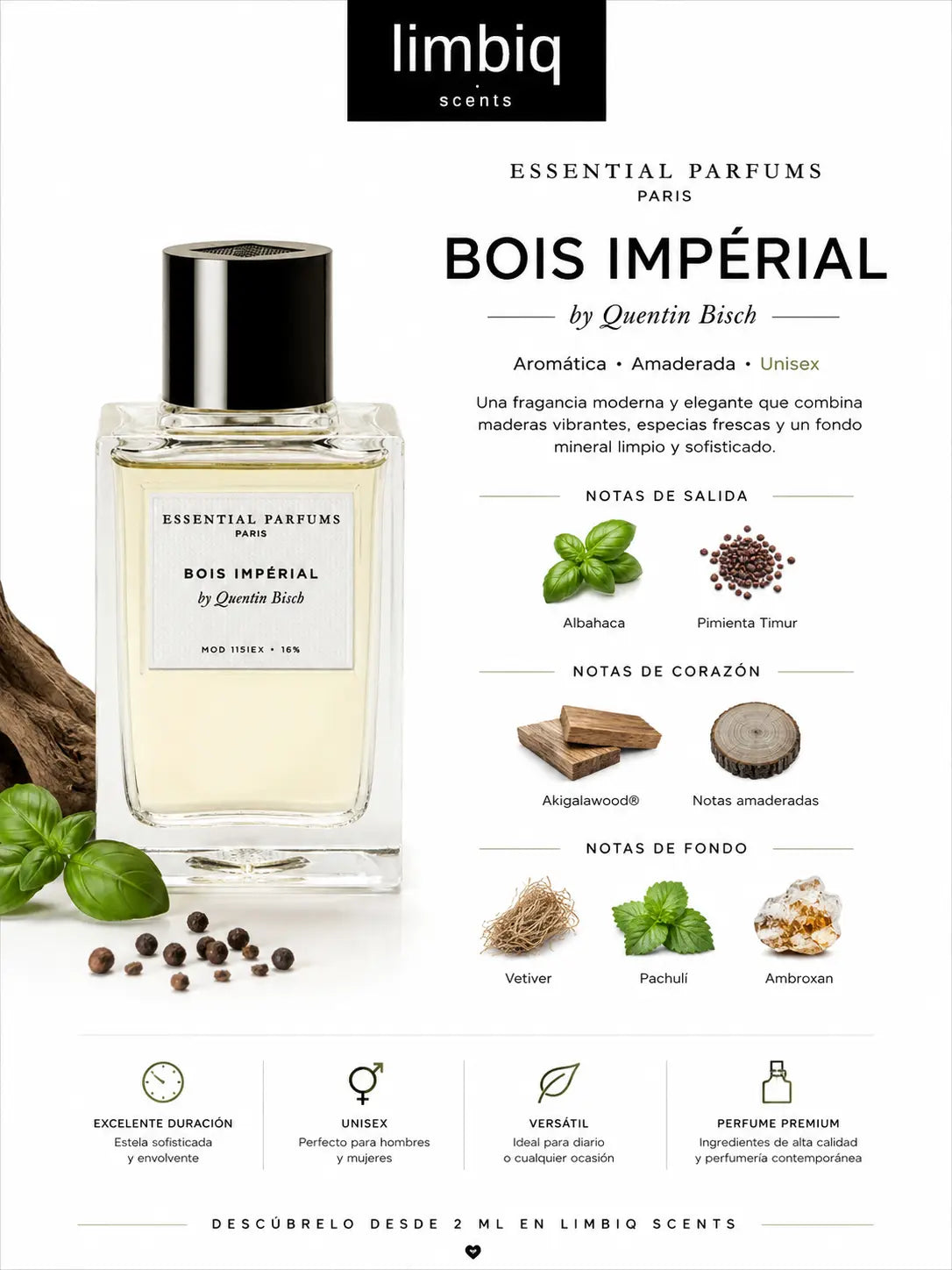 Notas olfativas de Bois Impérial Essential Parfums: Akigalawood, notas amaderadas, albahaca, vetiver, Timur, ambroxan y pachulí