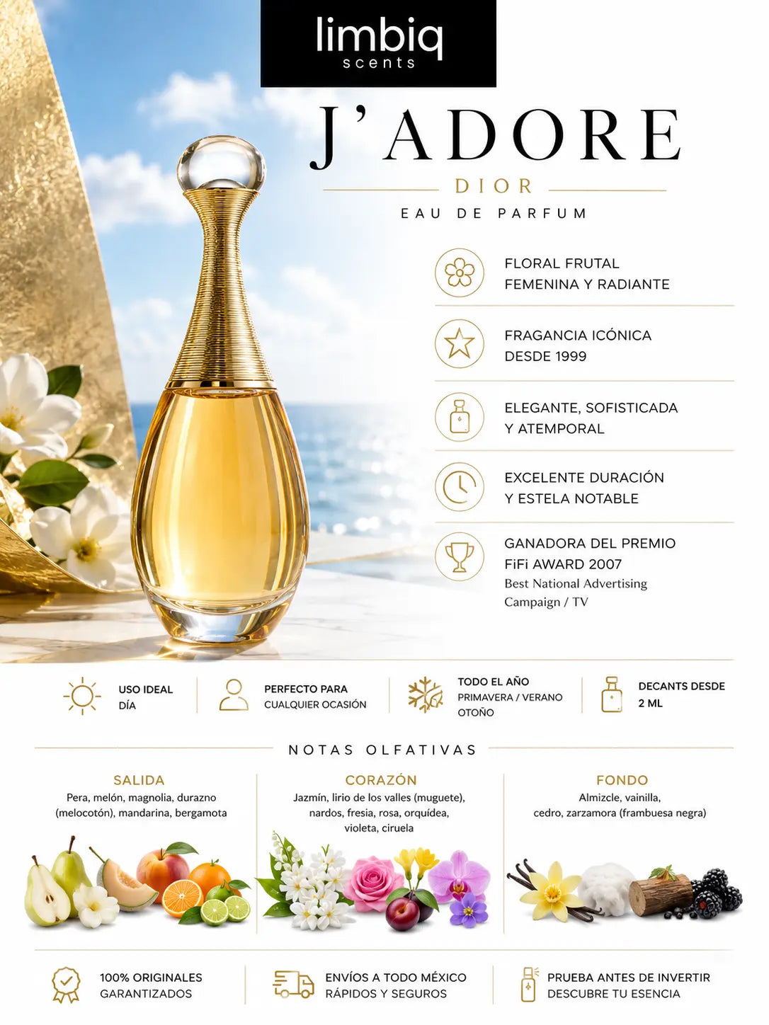 Notas de salida de J'adore Dior: pera, melón, magnolia, durazno, mandarina y bergamota