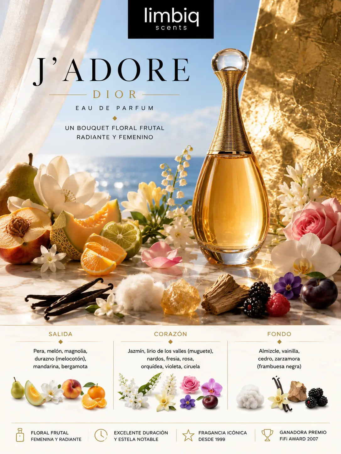 Notas de corazón de J'adore Dior: jazmín, lirio de los valles, nardos, fresia, rosa, orquídea, violeta y ciruela