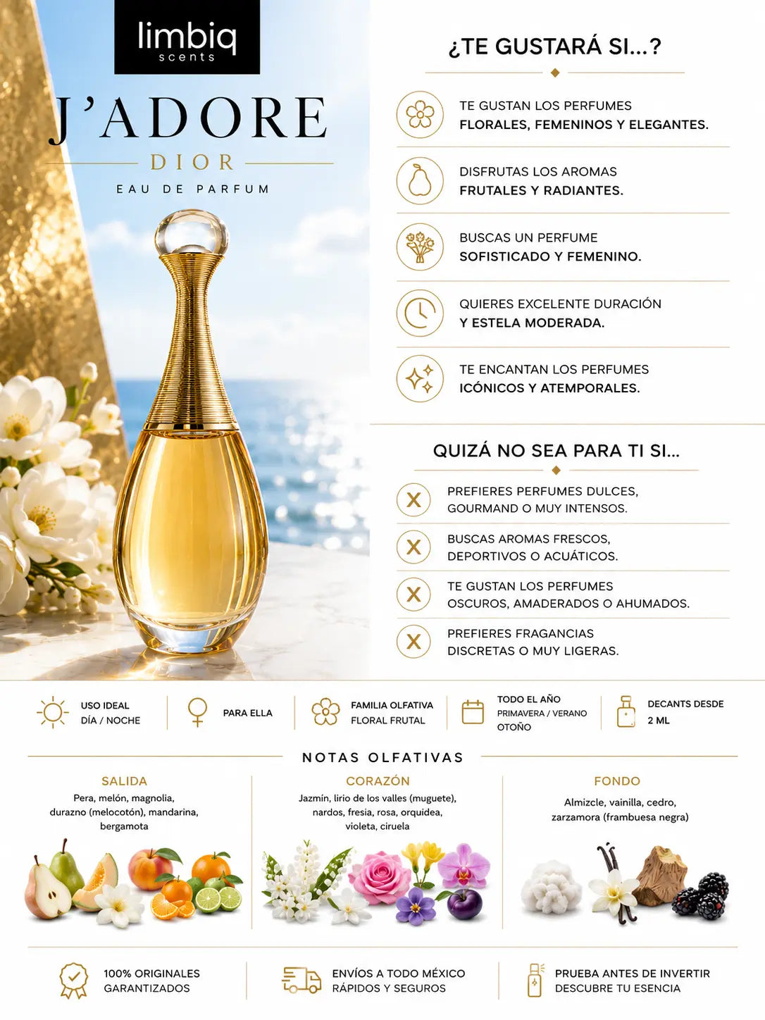 Notas de fondo de J'adore Dior: almizcle, vainilla, cedro y zarzamora