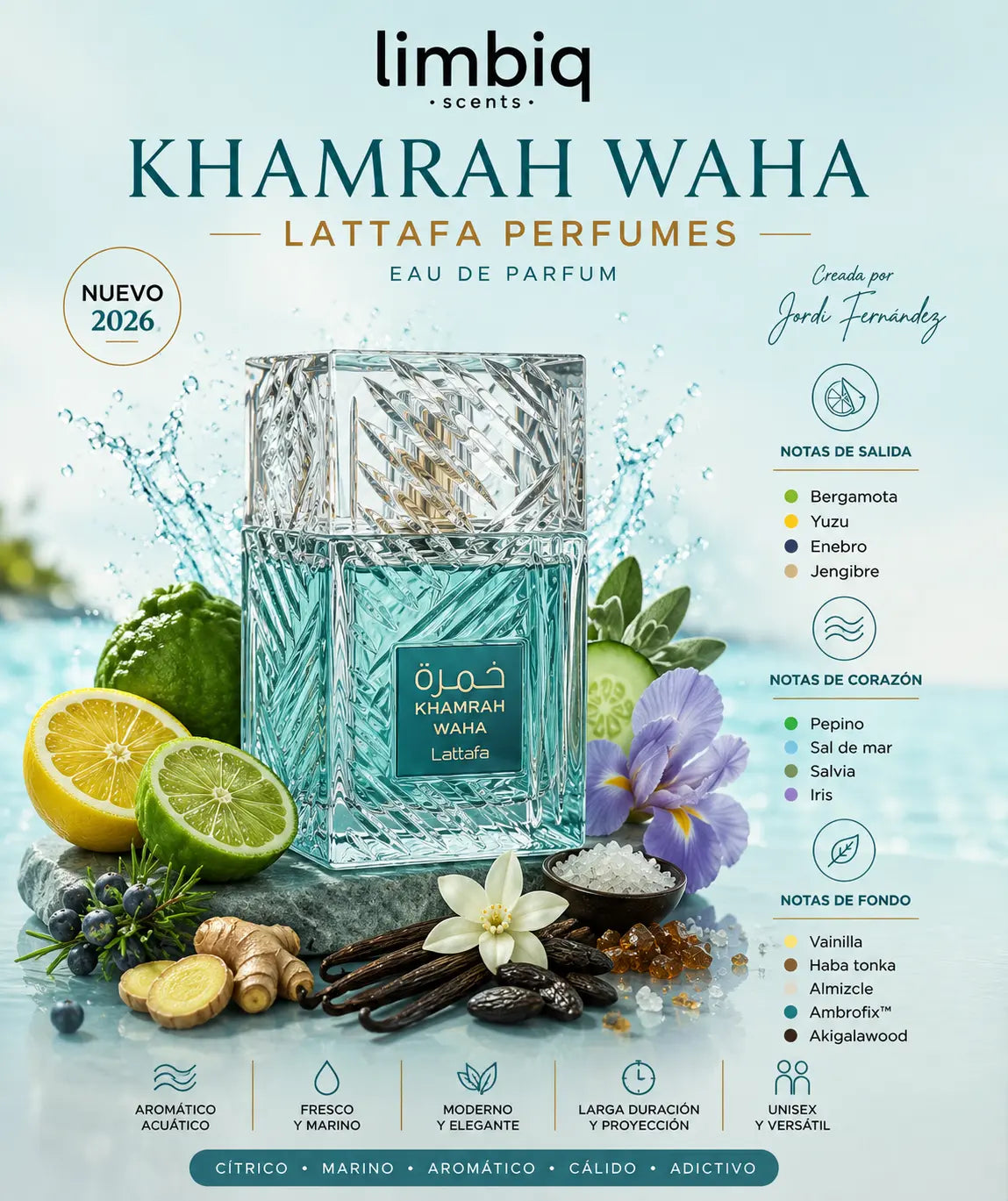 Notas olfativas de Kamrah Waha Lattafa: salida de bergamota, yuzu, enebro y jengibre, corazón de pepino, sal de mar, salvia e iris, fondo de vainilla, haba tonka, almizcle, Ambrofix y Akigalawood
