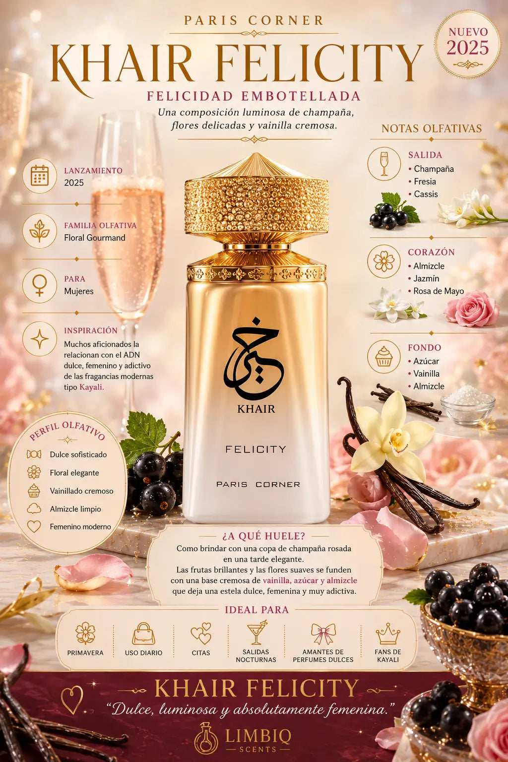 Notas olfativas de Khair Felicity Paris Corner: salida de champaña, fresia y casis, corazón de almizcle, jazmín y rosa de mayo, fondo de azúcar, vainilla y almizcle