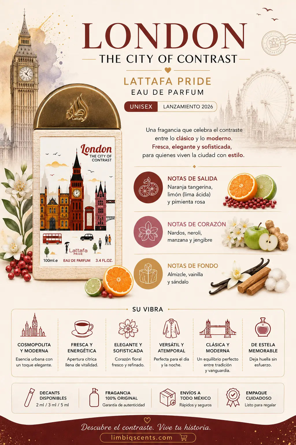 Notas olfativas de London The City of Contrast Lattafa: salida de naranja tangerina, limón y pimienta rosa, corazón de nardos, neroli, manzana y jengibre, fondo de almizcle, vainilla y sándalo