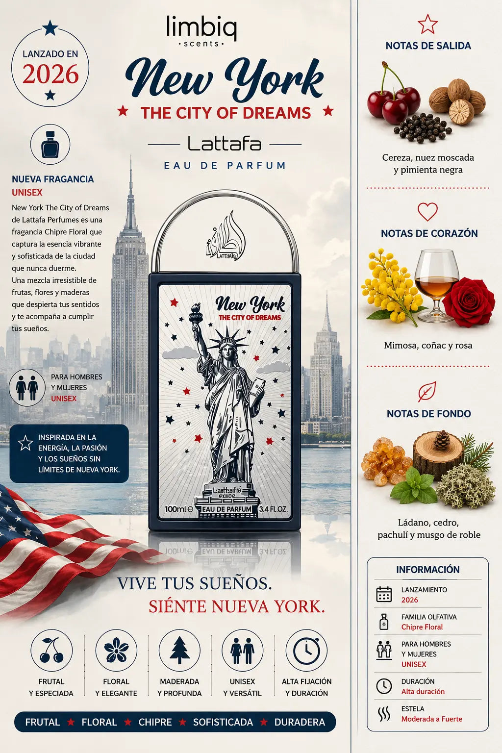 Notas olfativas de New York City of Dreams Lattafa: salida de cereza, nuez moscada y pimienta negra, corazón de mimosa, coñac y rosa, fondo de ládano, cedro, pachulí y musgo de roble