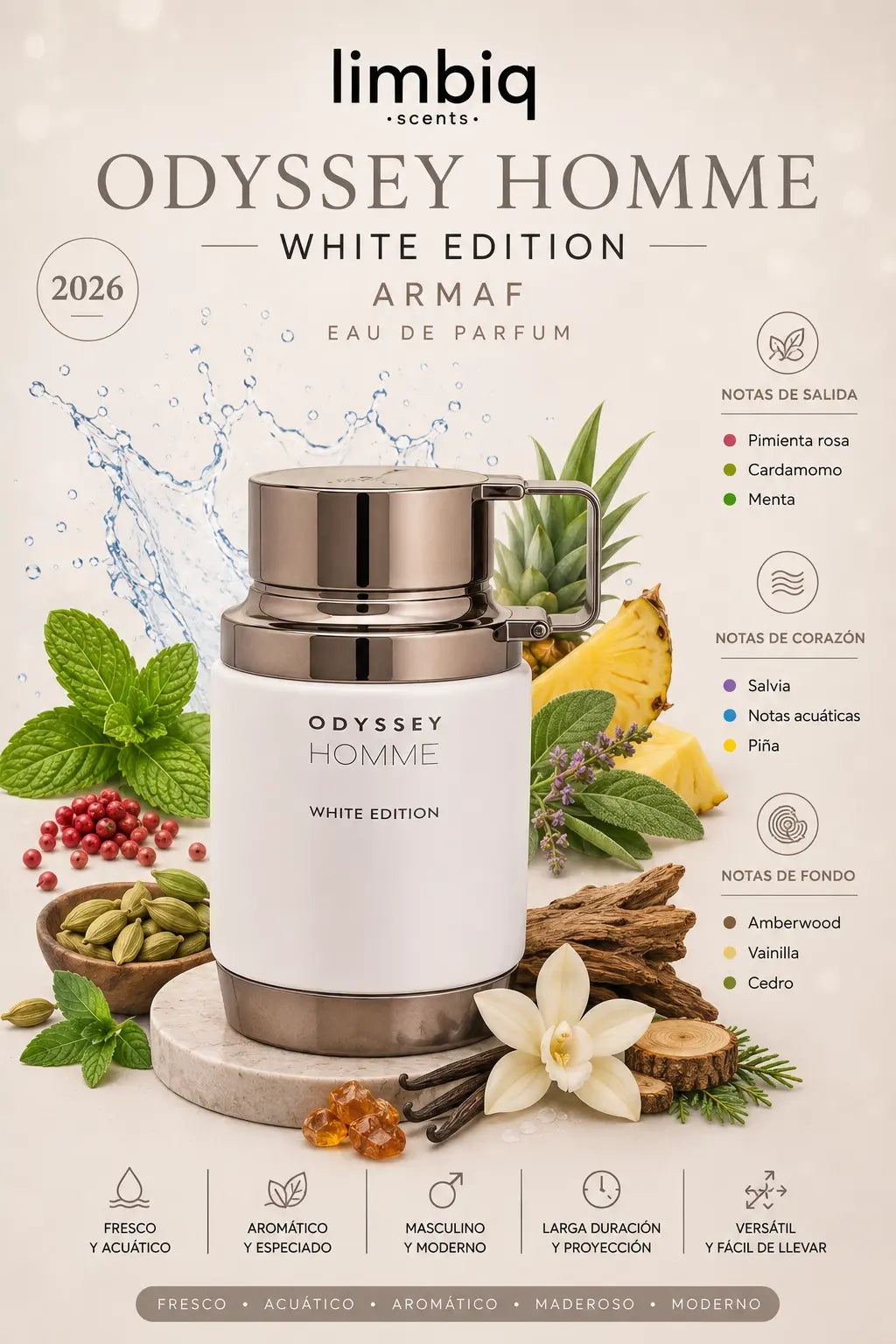 Notas olfativas de Odissey Homme White Edition Armaf: salida de pimienta rosa, cardamomo y menta, corazón de salvia, notas acuáticas y piña, fondo de Amberwood, vainilla y cedro