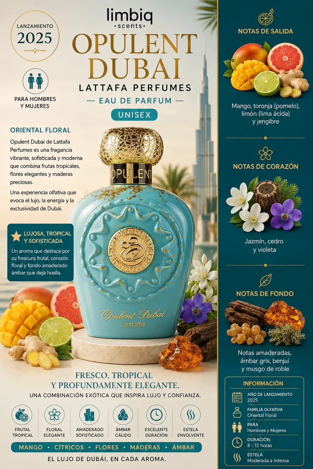 Notas olfativas de Opulent Dubai Lattafa: salida de mango, toronja, limón y jengibre, corazón de jazmín, cedro y violeta, fondo de notas amaderadas, ámbar gris, benjuí y musgo de roble