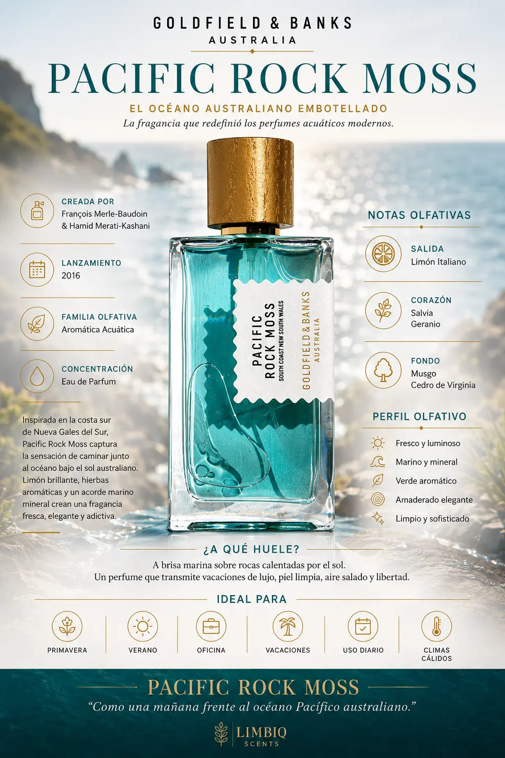 Notas olfativas de Pacific Rock Moss Goldfield & Banks: salida de limón italiano, corazón de salvia y geranio, fondo de musgo y cedro de Virginia