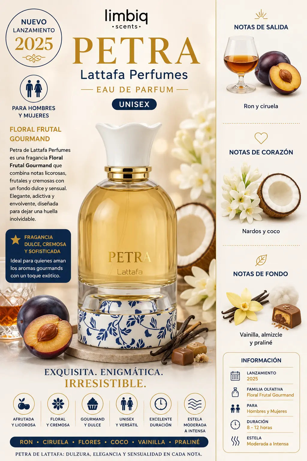 Notas olfativas de Petra Lattafa: salida de ron y ciruela, corazón de nardos y coco, fondo de vainilla, almizcle y praliné