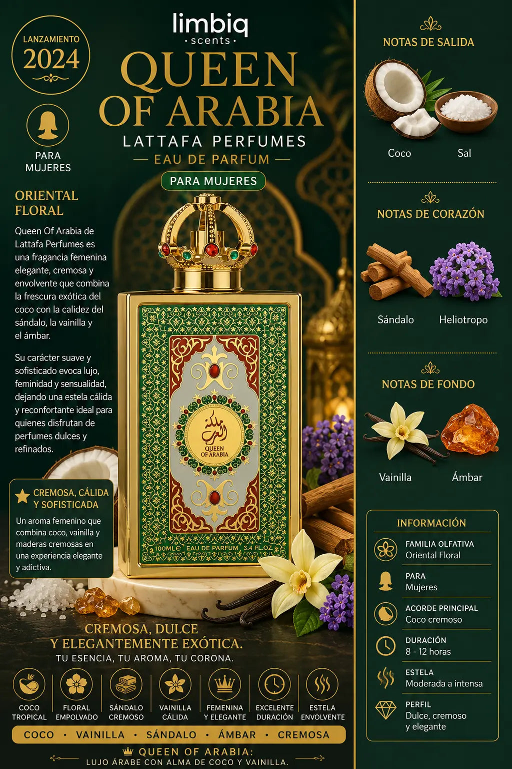 Notas olfativas de Queen of Arabia Lattafa: salida de coco y sal, corazón de sándalo y heliotropo, fondo de vainilla y ámbar