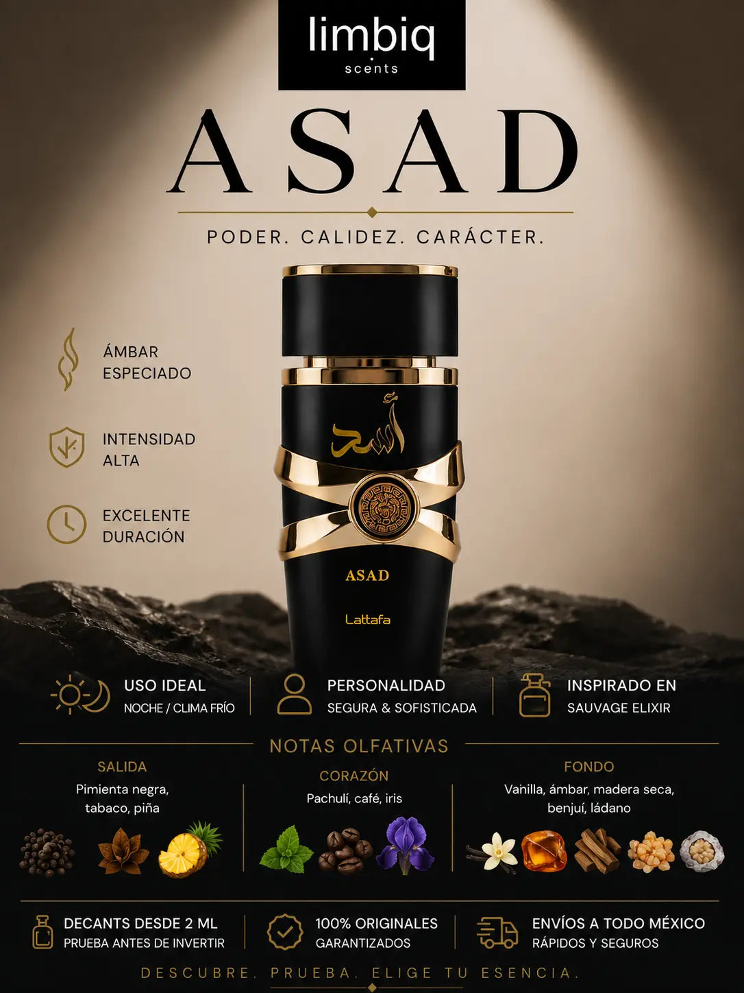 Notas de salida de Asad Lattafa: pimienta negra, tabaco y piña