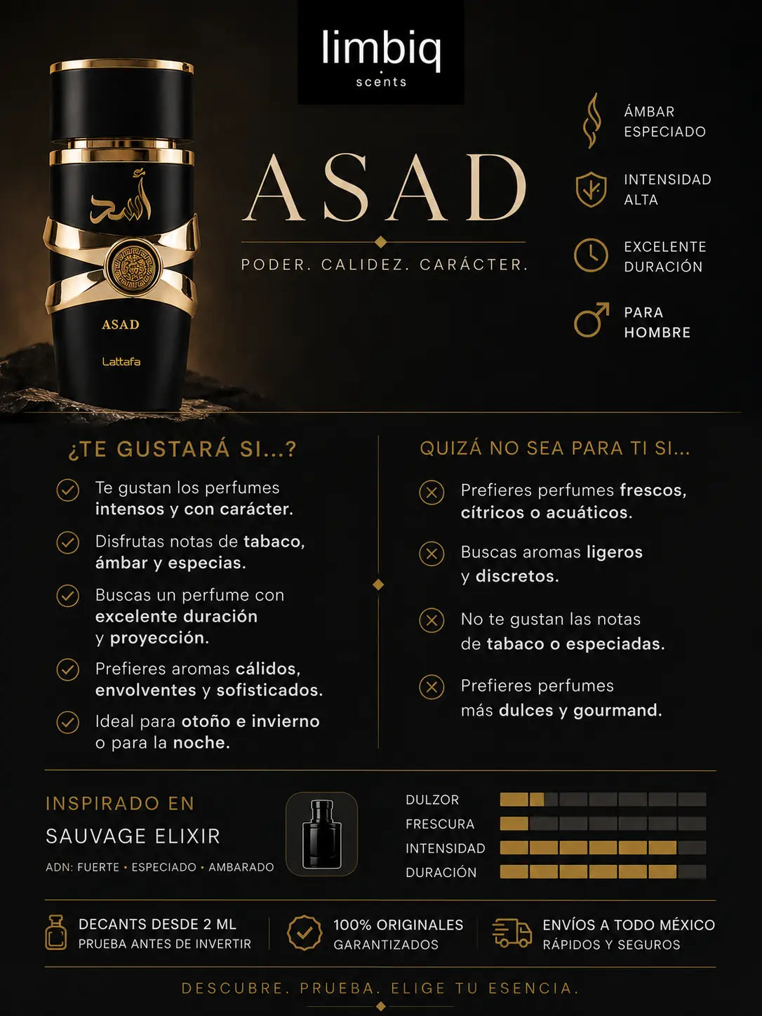 Notas de fondo de Asad Lattafa: vainilla, ámbar, madera seca, benjuí y ládano