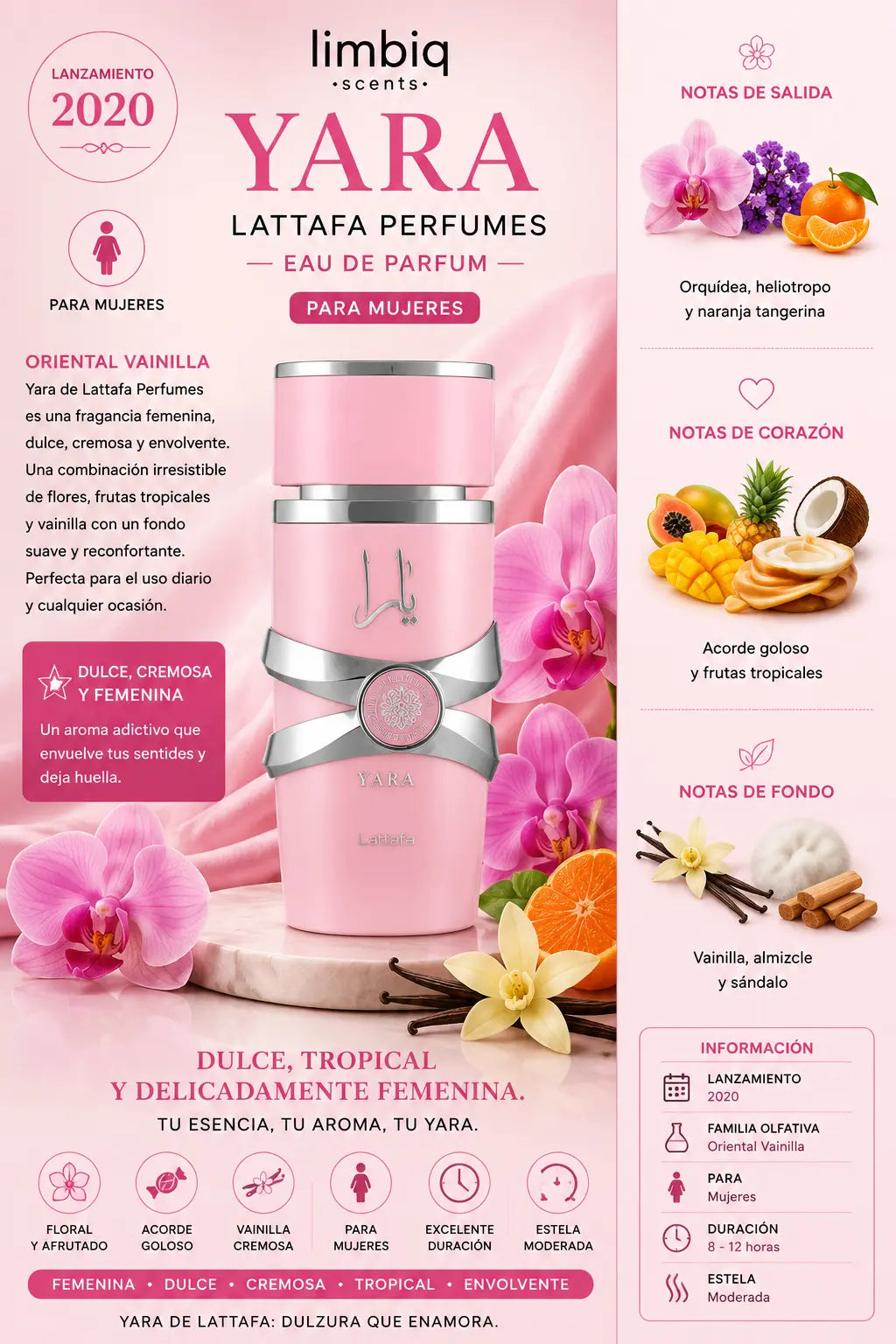 Notas olfativas de Yara Lattafa: salida de orquídea, heliotropo y naranja tangerina, corazón de acorde goloso y frutas tropicales, fondo de vainilla, almizcle y sándalo